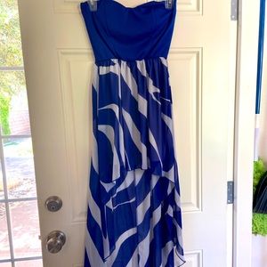 Strapless blue and white mullet dress